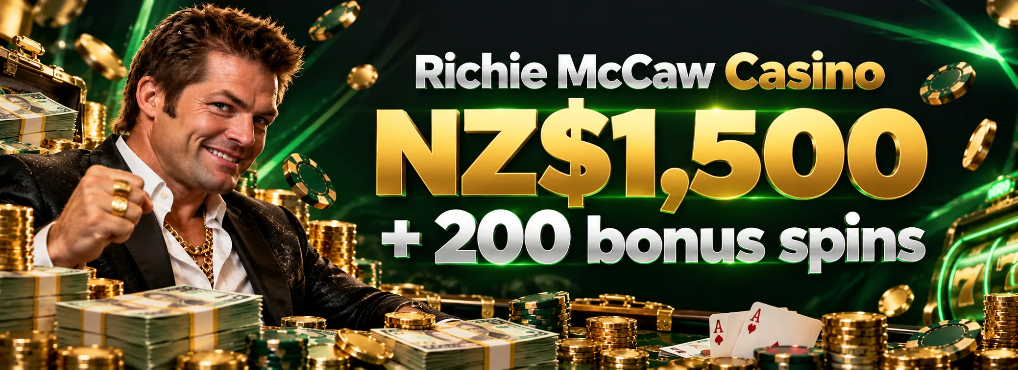 Richie McCaw Casino — 100% up to NZ$1,500 plus 200 bonus spins — NZ$1,500 + 200 spins